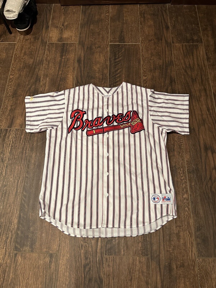 Atlanta Braves Vtg Pinstripe Button Down Majestic Sewn