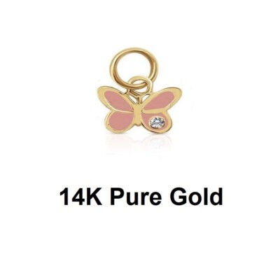 14K Pure Yellow Gold Small Pink Butterfly Necklace Chain Bracelet Charm Pendant