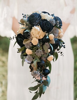 Navy Dusty Blue Cascade Bridal Bouquet Organic Sola Wood Bride Wedding Flowers