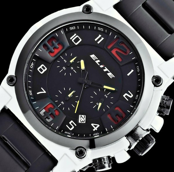 Elite Herren Armband Uhr Chronograph Datum Schwarz Rot Gelb Silber Farben EL-RGB-image
