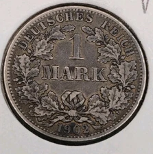 German Empire 1 Mark 1902   "F"  Silver Coin 0.900  