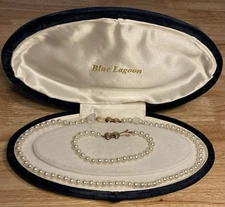 Mikimoto Blue Lagoon Pearl Necklace Bracelet Set 14K Gold Clsp 6.5 mm