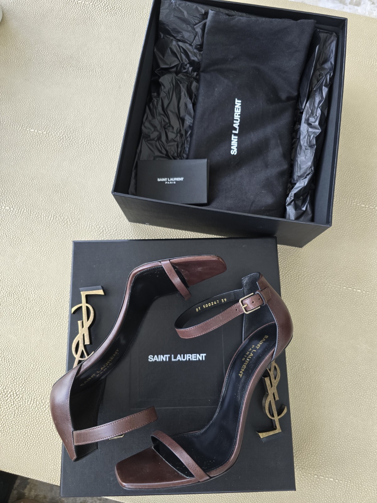 SAINT LAURENT SANDALI YSL MARRONI OPYUM PELLE TACCO MISURA (39)