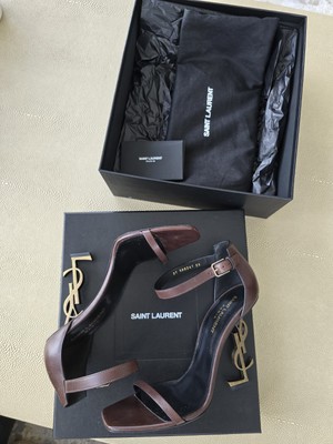 YSL BROWN OPYUM LEATHER HEEL SANDALS SIZE ( 39)