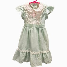 Vtg 1980s Polly Flinders Dress 4 Girls Green Gingham Hand Smocked Embroidered