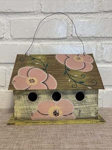 Wooden Floral Pink/Green Birdhouse Decor Metal Roof & Back Access Door 10x8x4