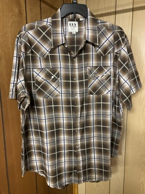 ELY Cattleman Western Pearl Snap Shirt 2XL Short Sleeve Brown plaid Preowned 