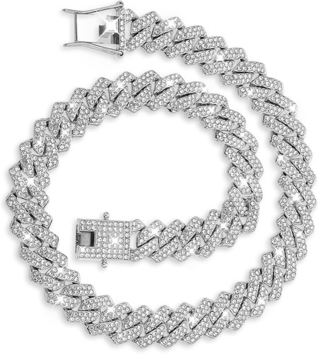 Cuban Link Chain for Men Women - steel, 16" Iced Out Diamond Hip Hop Jewelry
