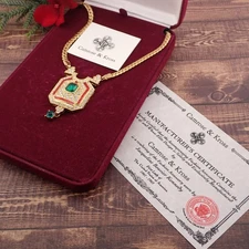 VTG JBK Camrose & Kross Green Clear Crystal 18" Gold Tone Pendant Necklace w Box