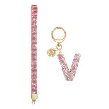 Initial Letter V Keychain for Women Rhinestone Alphabet Keychain Pink