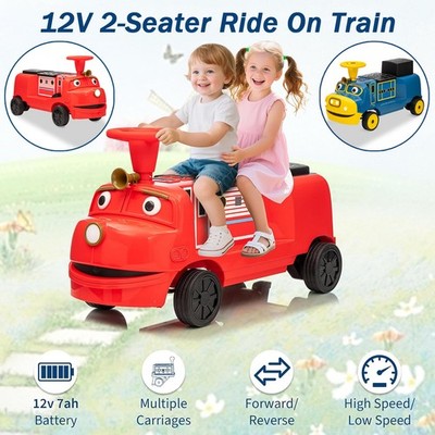 Electric 12V 2-Seater Kids Blue/Red Ride On Train w/2-Speed,Music,Lights,Storage