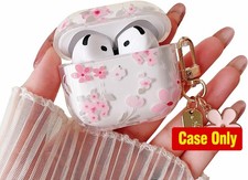 Cute Flower Pattern Design Clear Case for AirPods 4 with Floral Keychain - Pink