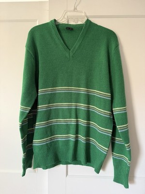 Vintage Green Striped V-neck Sweater Sz XL Unisex Normcore Holiday Preppy