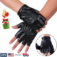 Fingerless Driving Gloves PU Faux Leather Outdoor Sport Half Finger Glove Black