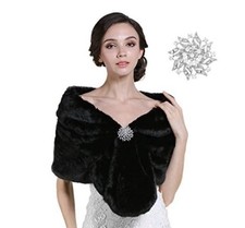 Women's Wedding Fur Shawl and Wraps Bridal Fur Stoles with Rhinestone Black