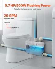 Macerator Pump, 500W, 29 GPM Flow, 26 ft/8 m Head, Bathtub 393