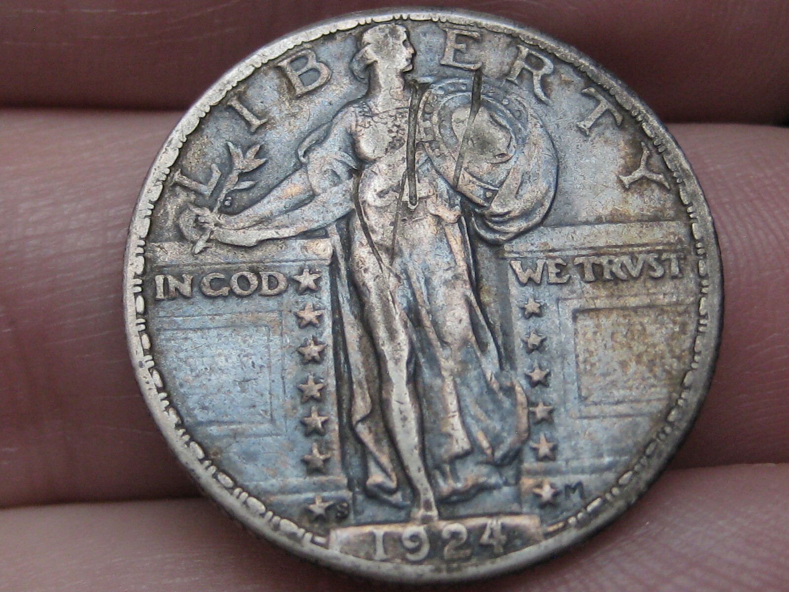 1924 S Silver Standing Liberty Quarter, San Francisco, XF/AU Details, Toned