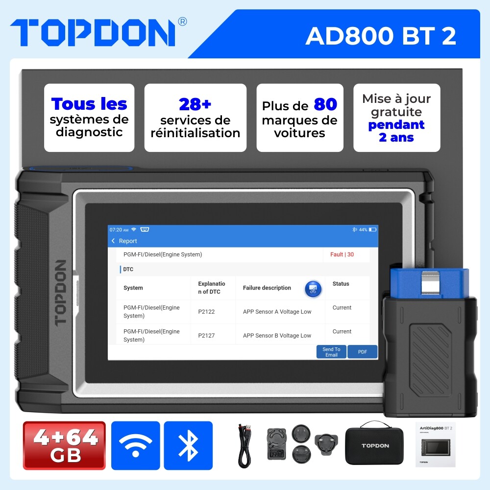 TOPDON AD800 BT 2 Scanner OBD2 Bluetooth pour Diagnostic Tout Système