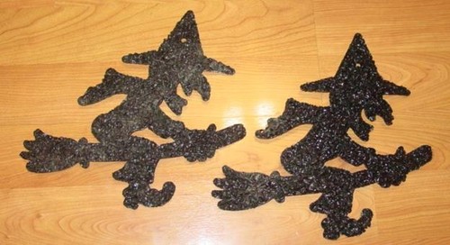 (2) Vintage BLACK WITCH Melted Plastic Popcorn HALLOWEEN Decor - 13" In. RARE