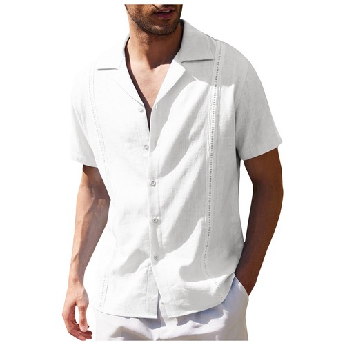 Camisa Top Verano Para Hombre Lino Suelta Informal Color Sólido Botón Cuello en V Manga Corta - Imagen 5 de 42