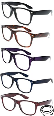 5 Pack Oversize Big Frame Classic Vintage Reading Glasses with Lanyard