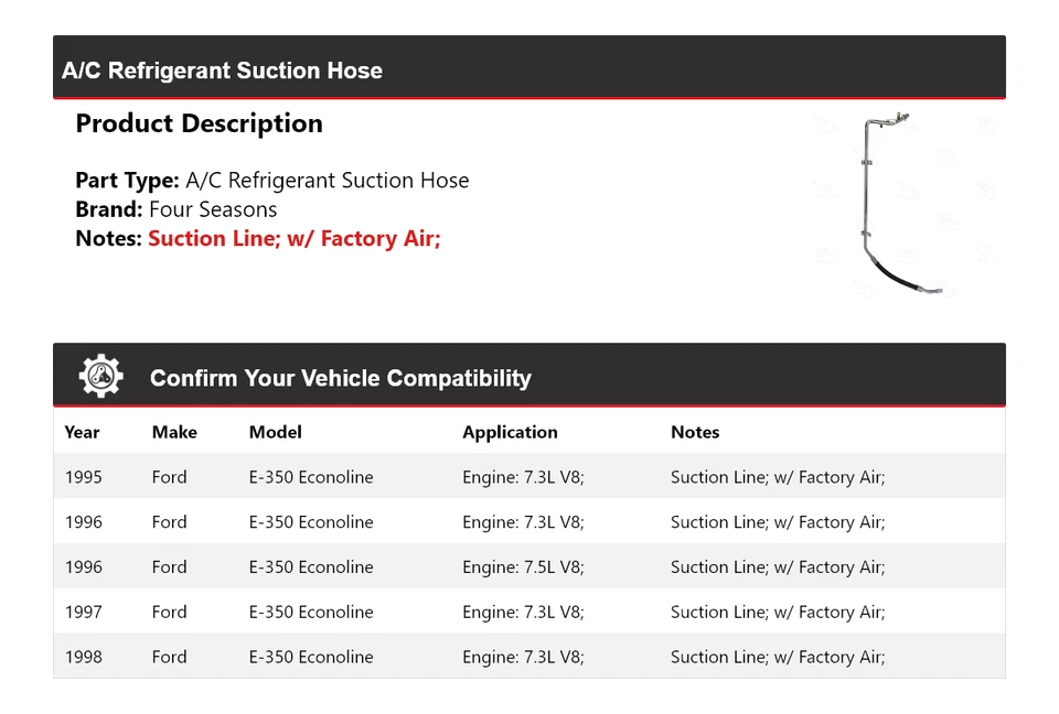 Manguera de succión de refrigerante aire acondicionado Econoline 1995-1998 4 estaciones 1996 Foto 2 de 4
