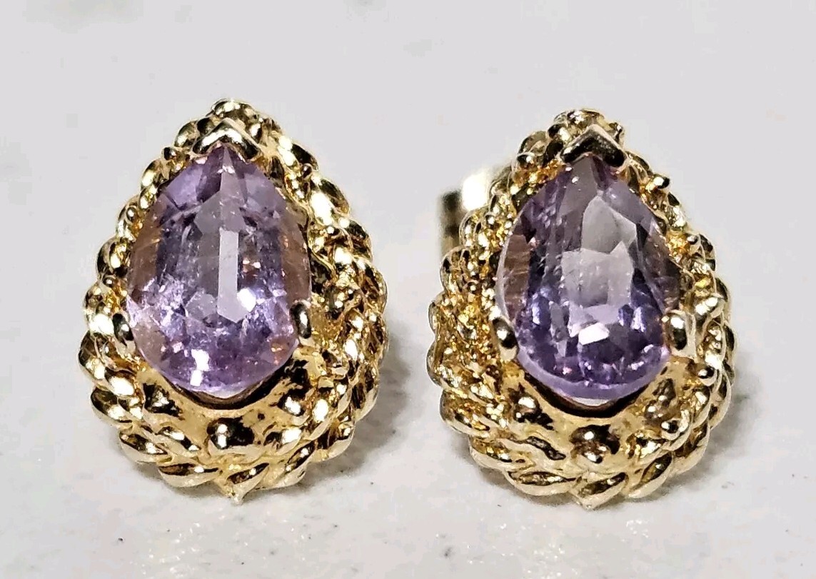 14K Yellow Gold Teardrop Faceted Amethyst Cable Border Stud Earrings  