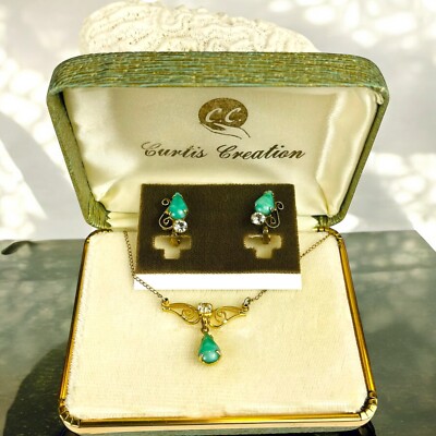 Curtis Creation 12K Gold Filled Green Jade Rhinestone Necklace Earrings Set VTG