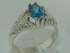 Heavy Solid Sterling Silver Large 8x6mm Natural Blue Topaz Antique Style Ring