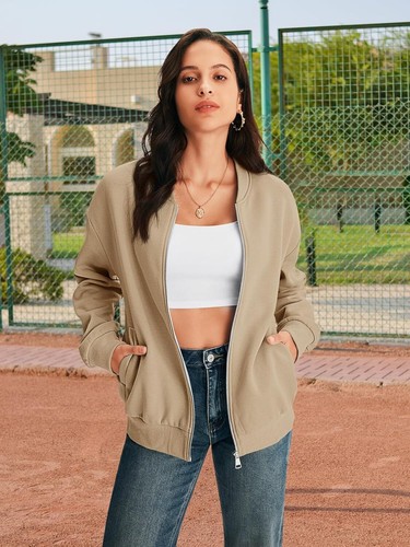 MEROKEETY Womens Long Sleeve Zip Up Sweatshirts Jackets Casual Loose Outwear wit - Picture 4 of 19