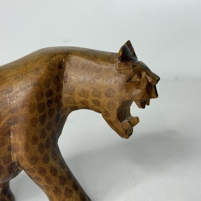 Wood Leopard Carved Figurine Brown Spotted Big Cat Safari Home Decor