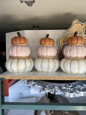 Set/3 Hobby Lobby Speckled Stacked Pumpkins (Ivory, Sage Green, Robins Egg Blue)