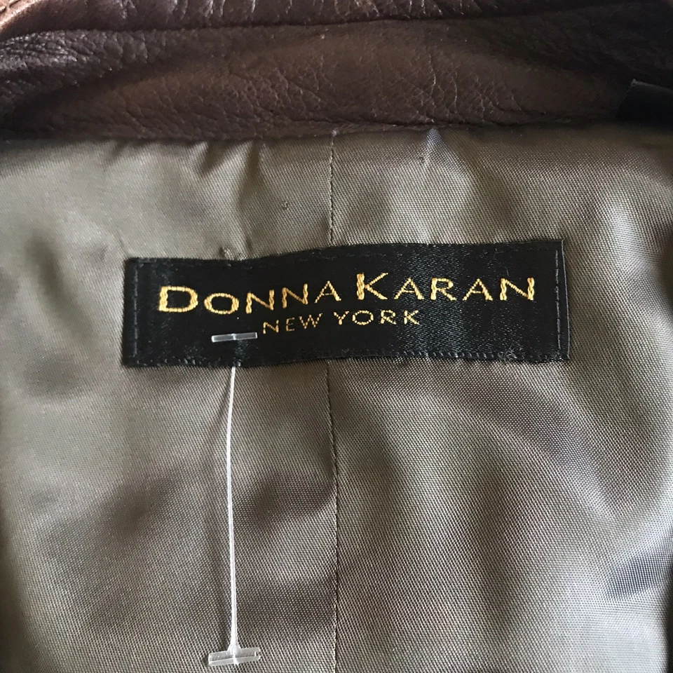 Chaleco de cuero marrón vintage DONNA KARAN para hombre forro de lana unisex talla mediana Foto 3 de 4