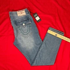 True Religion Jeans Mens Size 32x32 Rocco Relaxed Skinny Flap Big T Blue Denim