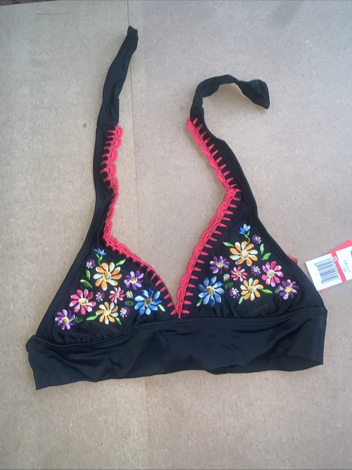 Bikini negro con bordado floral colorido y ribete de ganchillo rojo Talla S Foto 3 de 4