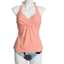 Peach Crossover Halter Tankini Set Tropical Palm Leaf High Waist Bottoms Large