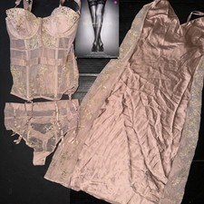 Victoria's Secret 32C garter CORSET TOP XS SLIP BEIGE BROWN GOLD FOIL taupe Rose