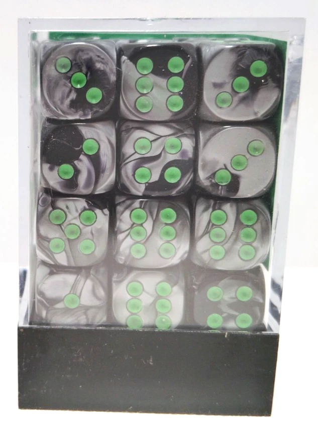 Chessex Dice d6 36 Gemini Set Black-Grey w/Green 12mm Six Sided Die CHX 26845 - Image 2 of 2