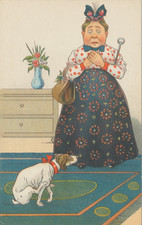 HILARIOUS Dog scooting across carpet  VINTAGE postcard; Horrified woman looks on