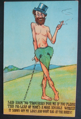 Alter Comic EDEN ADAM FEIGENBLATT KEINE HOSE BITTE ZYLINDER HUT STOCK RAUCH TASCHE AN DEN KNIEN