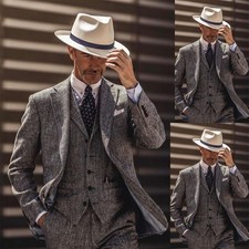 Vintage Men's Suits Tweed Herringbone Formal Wedding Casual Warm Coat Pant Vest