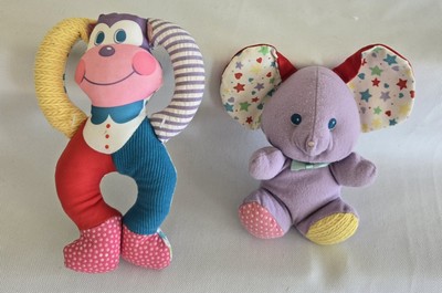 2 Vtg Playskool Touch'Ems, Monkey Rattle 1986 + Peek-A-Boo Squeaker Mouse,1988