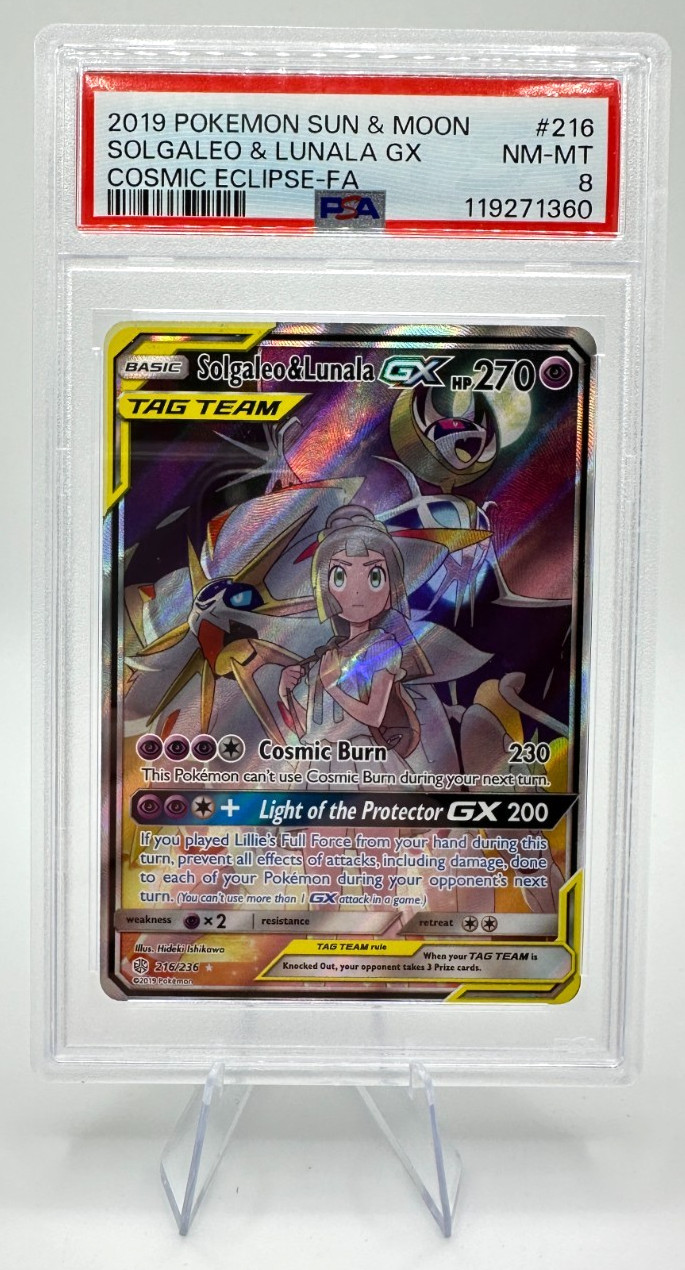 2019 Pokemon Sun & Moon Cosmic Eclipse Solgaleo & Lunala GX #216 | PSA 8 NM-MT