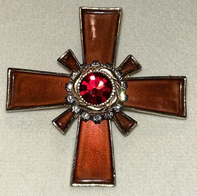 Vintage HAR Signed Maltese Cross Brooch Red Rhinestone Enamel Gold 2  1960 s MCM
