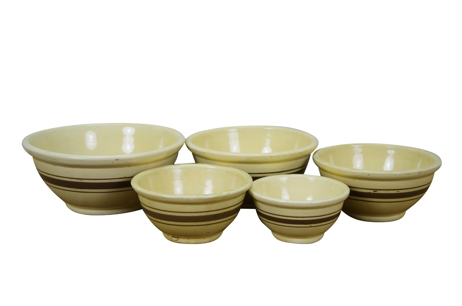 5 Antique Yellow Stoneware Nesting Mixing Bowls Brown Stripe USA 6" to 10"