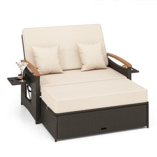 Outdoor Sun Lounger Daybed Rattan Woven Loveseat Ottoman Set Adjustable Backrest