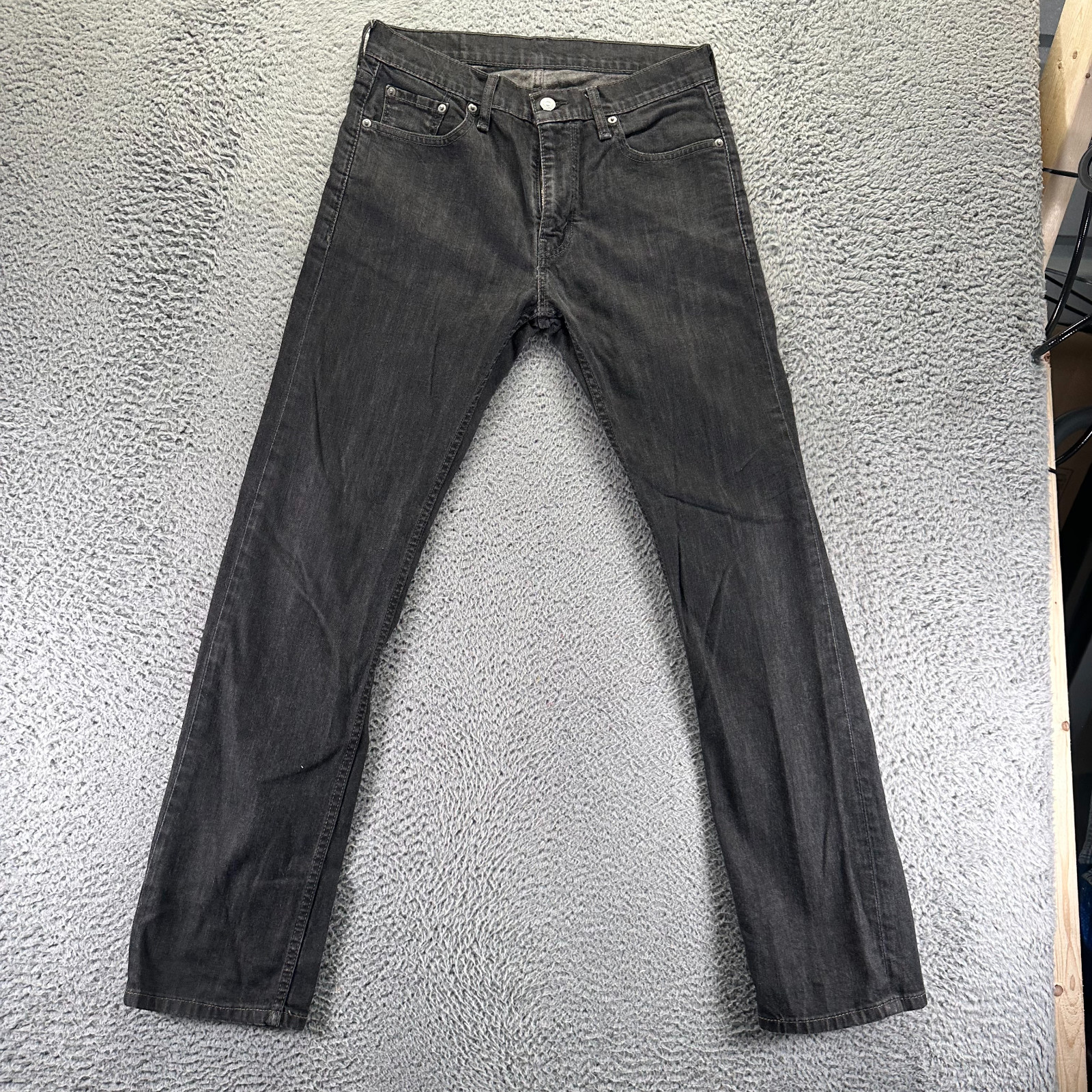 Mens 30x32 Black Cotton Denim Straight Workwear Faded Stretc