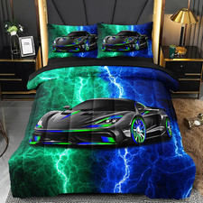 5 Pcs Car Comforter Sets for Boys, Cool Blue Green Lightnings Bed in a Bag Full