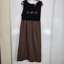 Bobbie Brooks Christmas Jumper Dress Black Velvet Bodice Red Tartan Plaid 1618