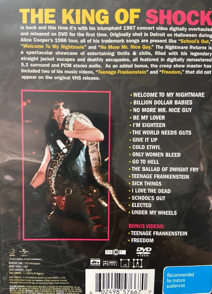 Alice Cooper : The Nightmare Returns region 4 DVD (1987 rock music concert) - Image 2 of 3